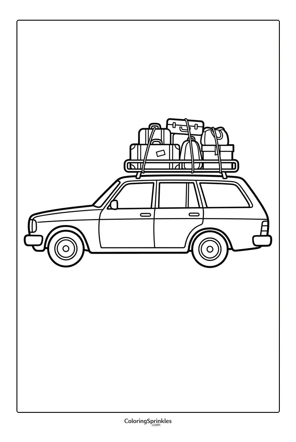 Coloring page of a car with luggage on a roof rack