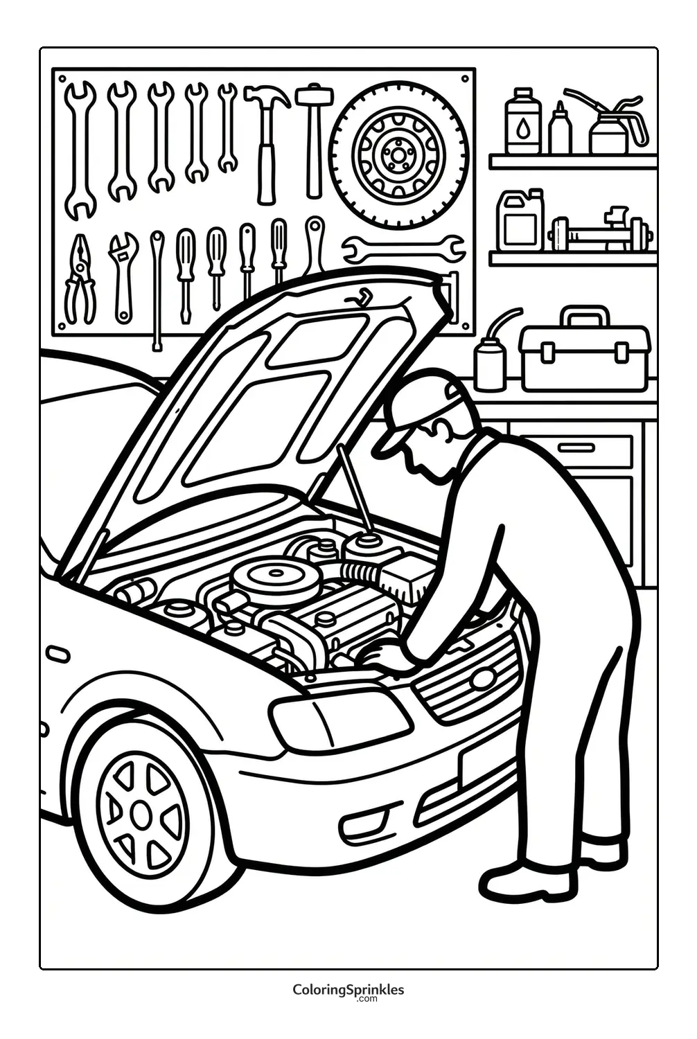 Coloring page of a car mechanic repairing a car engine in a garage