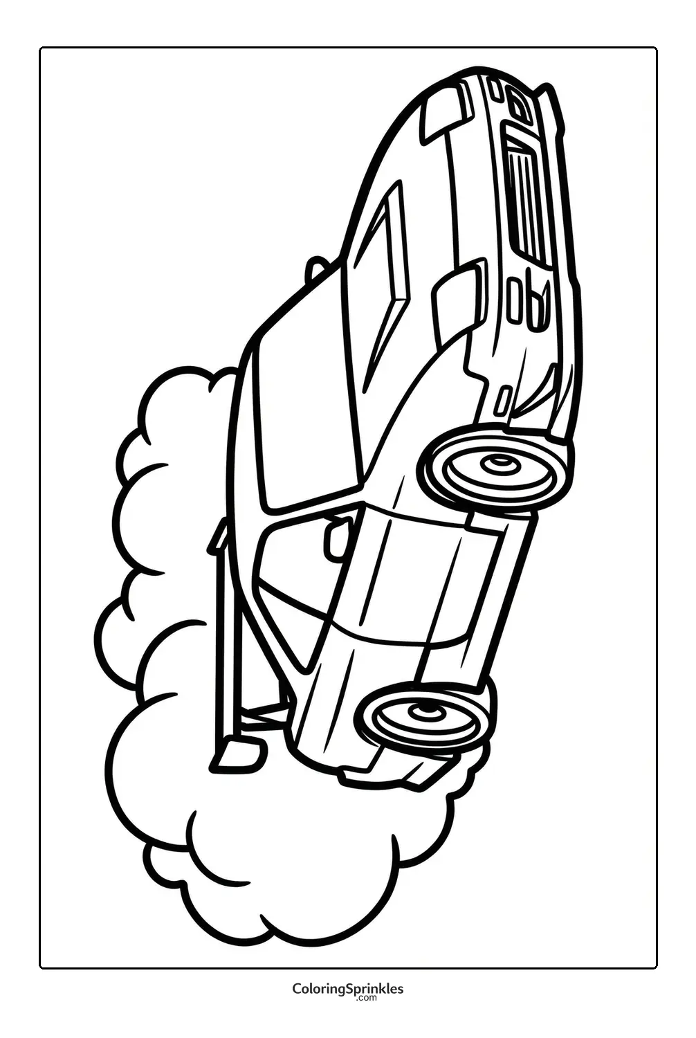 Coloring page of a car performing a stunt drift with smoke
