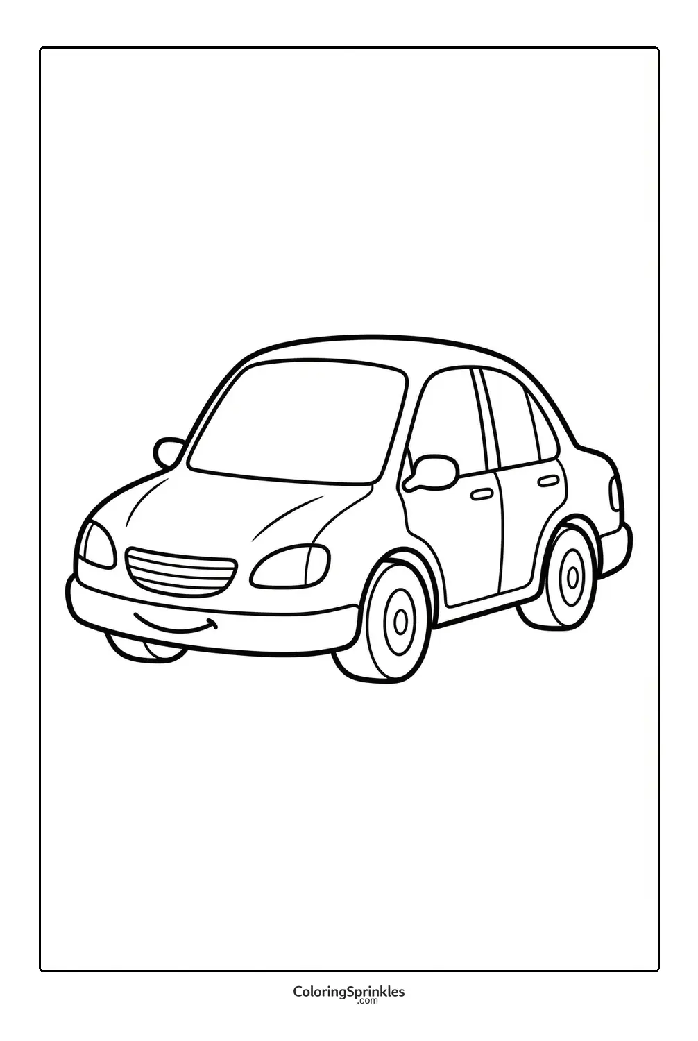 Coloring page of a cartoon car smiling front view