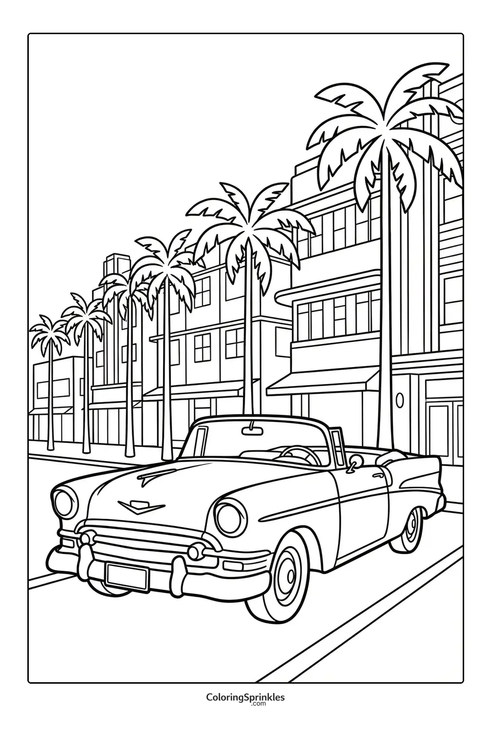 Coloring page of a classic car parked on a city street with palm trees