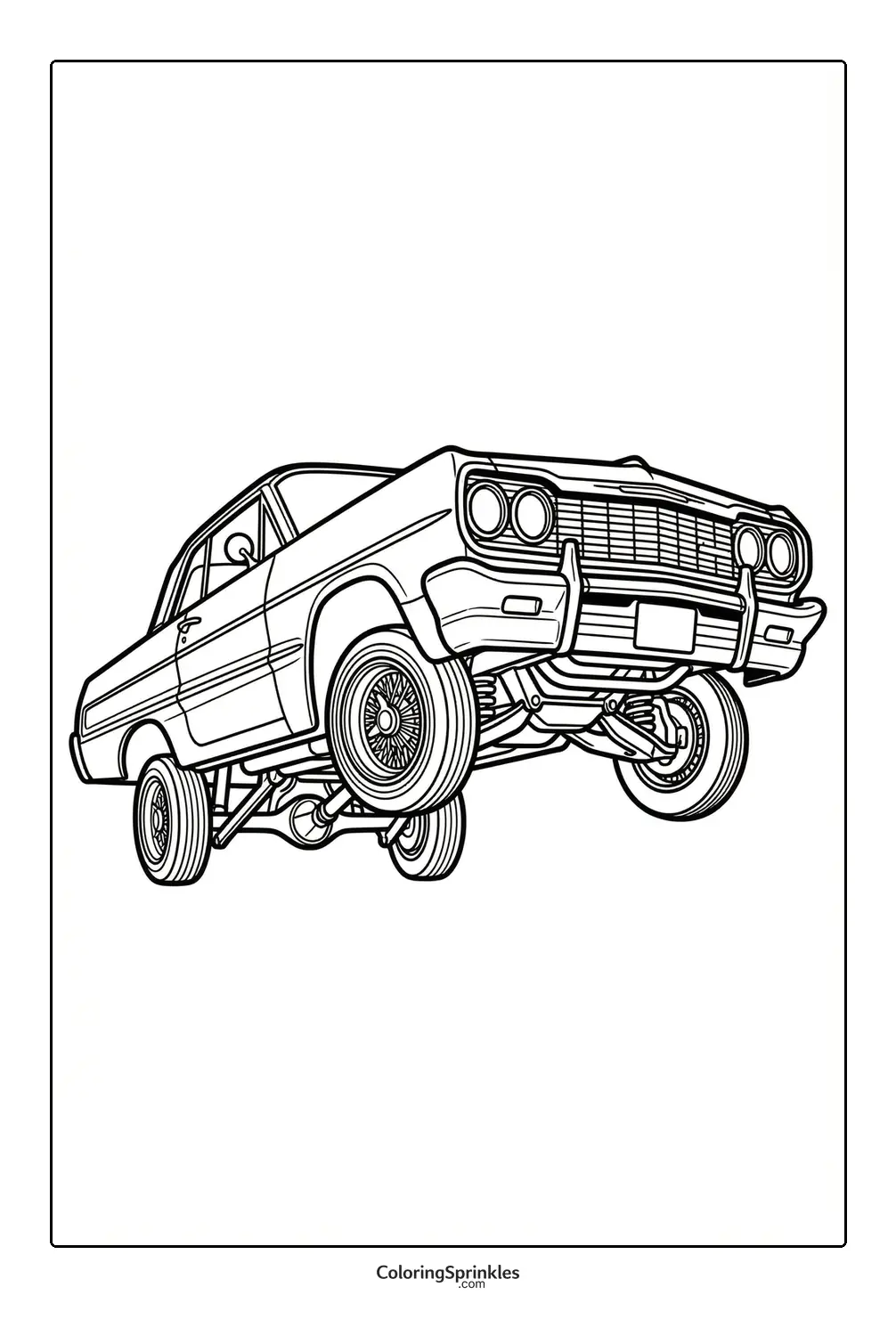 Coloring page of a classic lowrider car with front wheels lifted