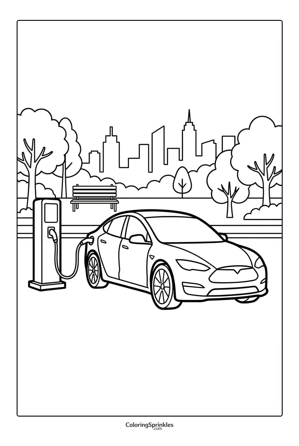 Coloring page of an electric car charging at a station in a city park