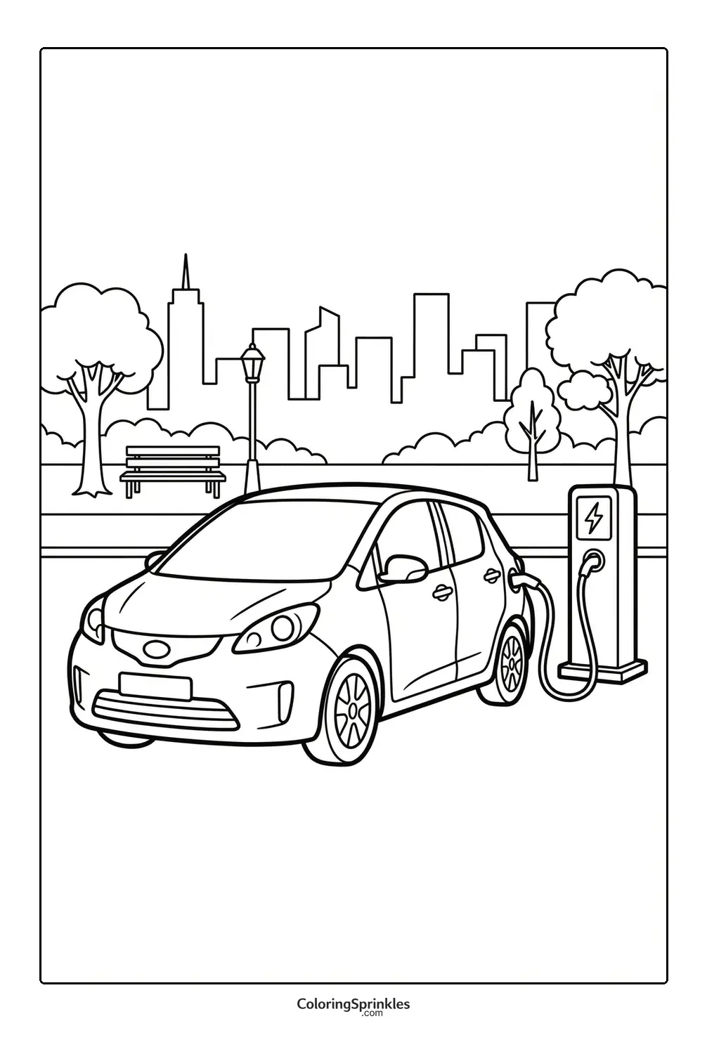 Coloring page of an electric car charging at a station in a city park