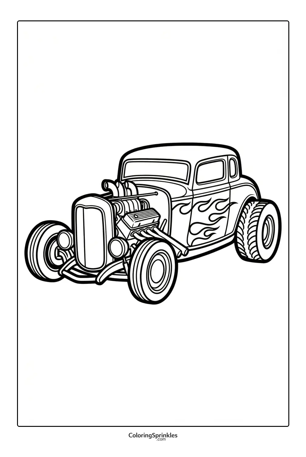 Coloring page of a hot rod car with flames and exposed engine