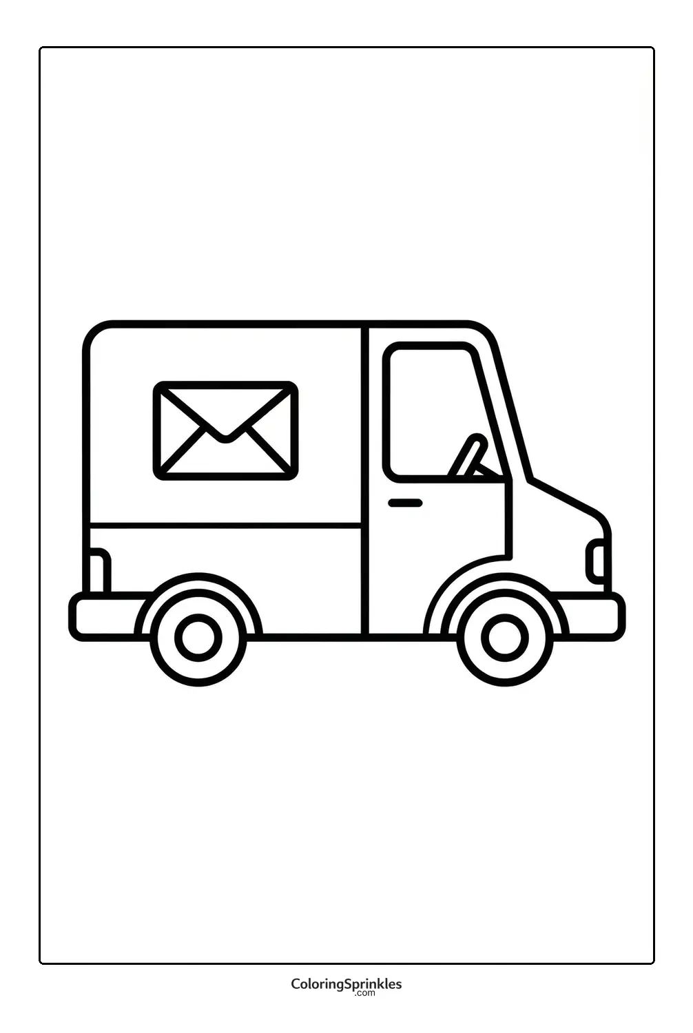Coloring page of a mail delivery van with an envelope symbol