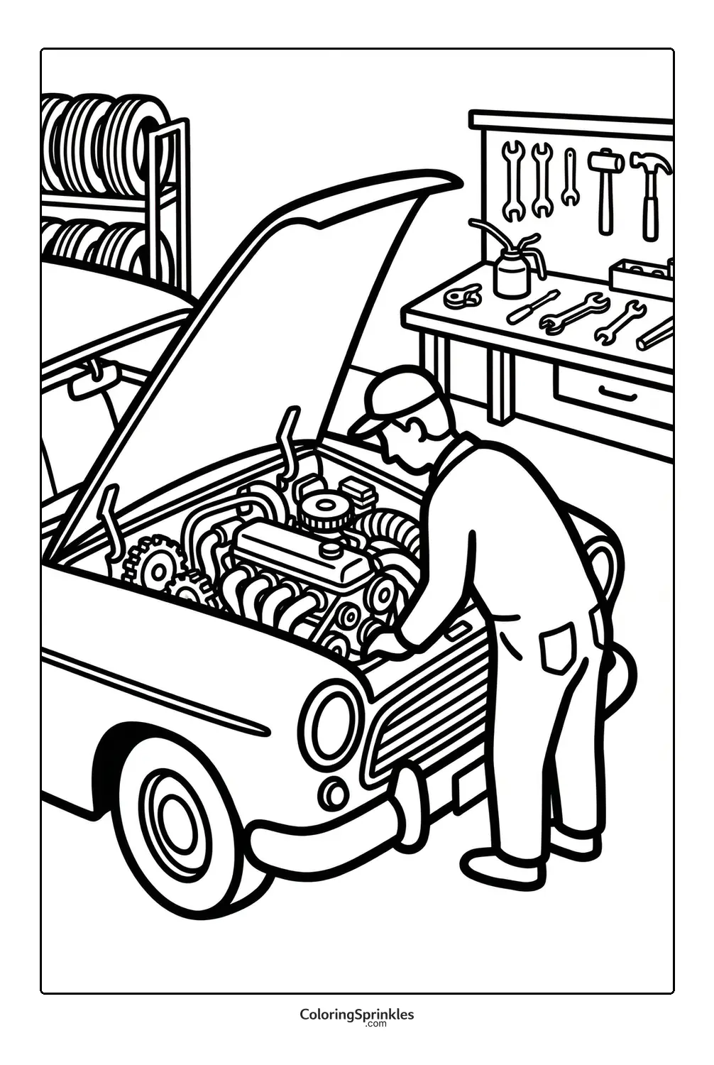 Coloring page of a mechanic fixing a car engine in a workshop