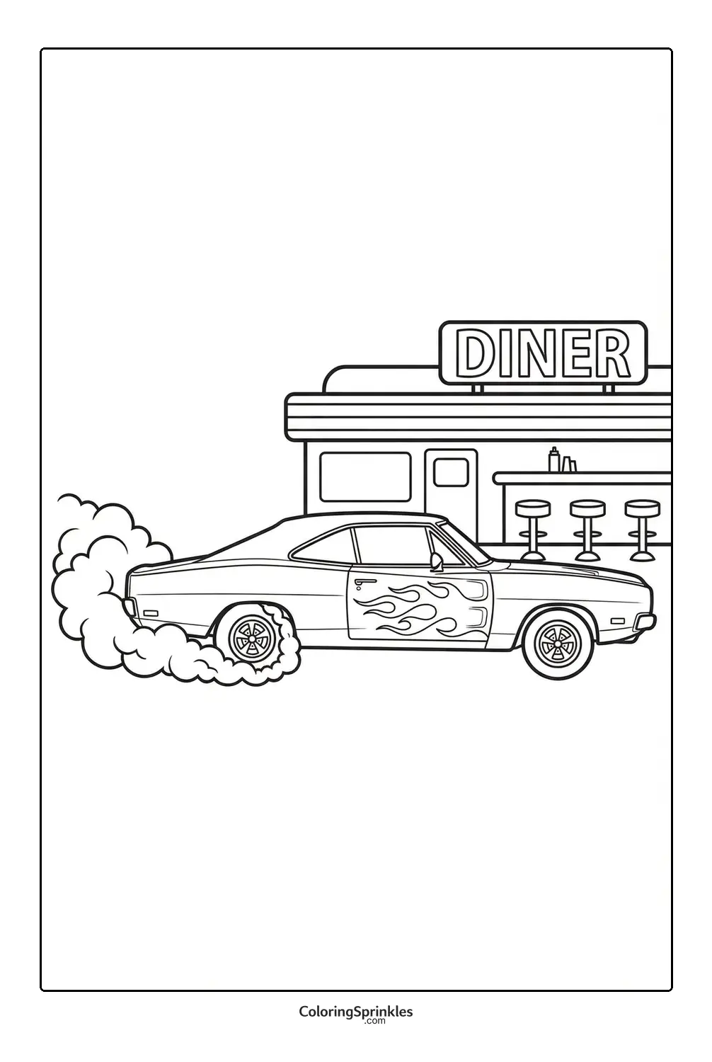Coloring page of a muscle car burning rubber in front of a diner
