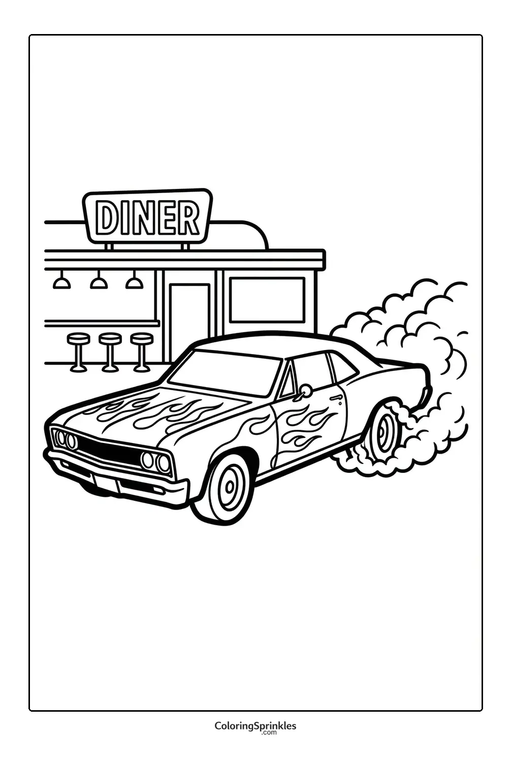 Coloring page of a muscle car with flames doing a burnout in front of a diner