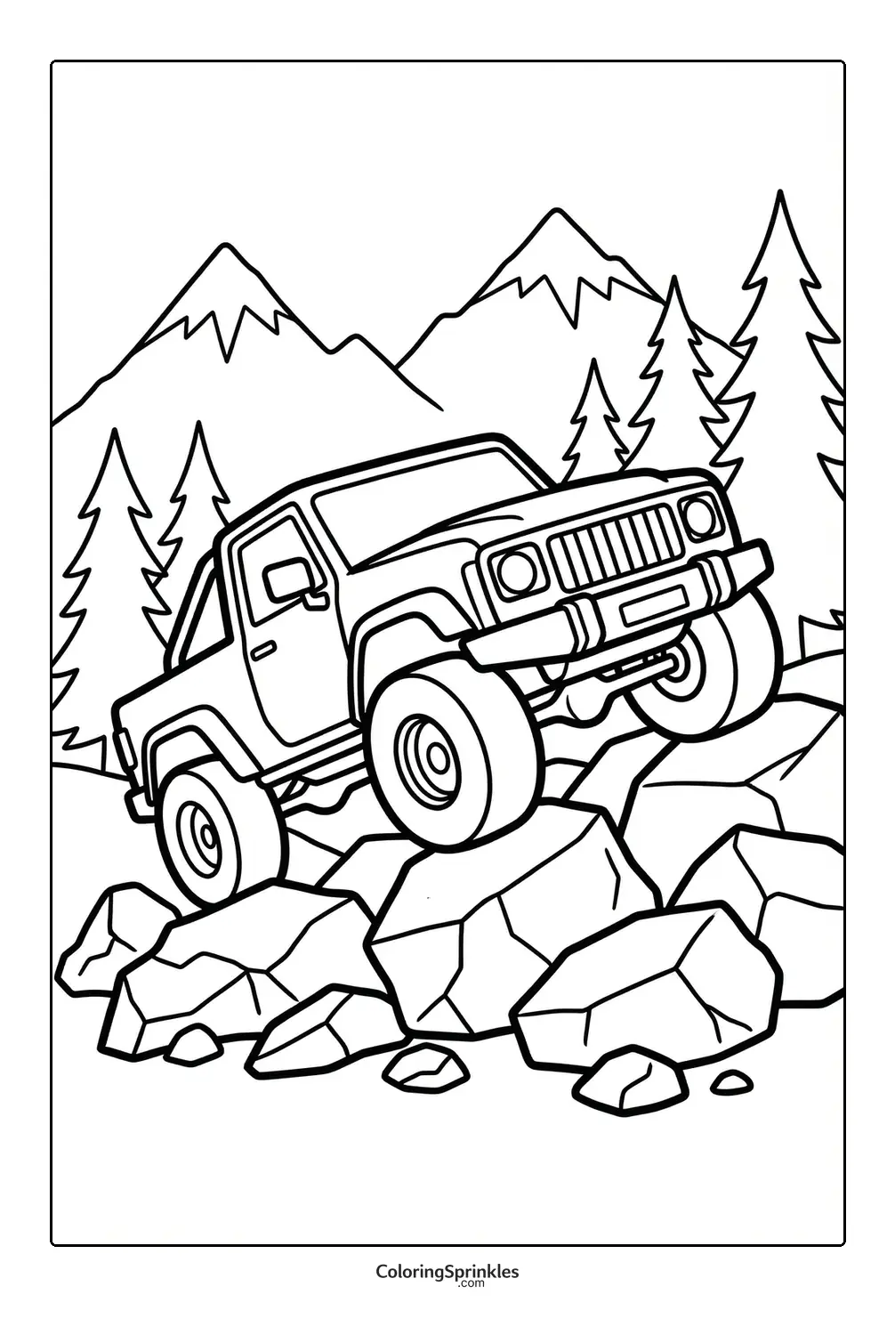 Coloring page of an offroad truck climbing rocks in the mountains