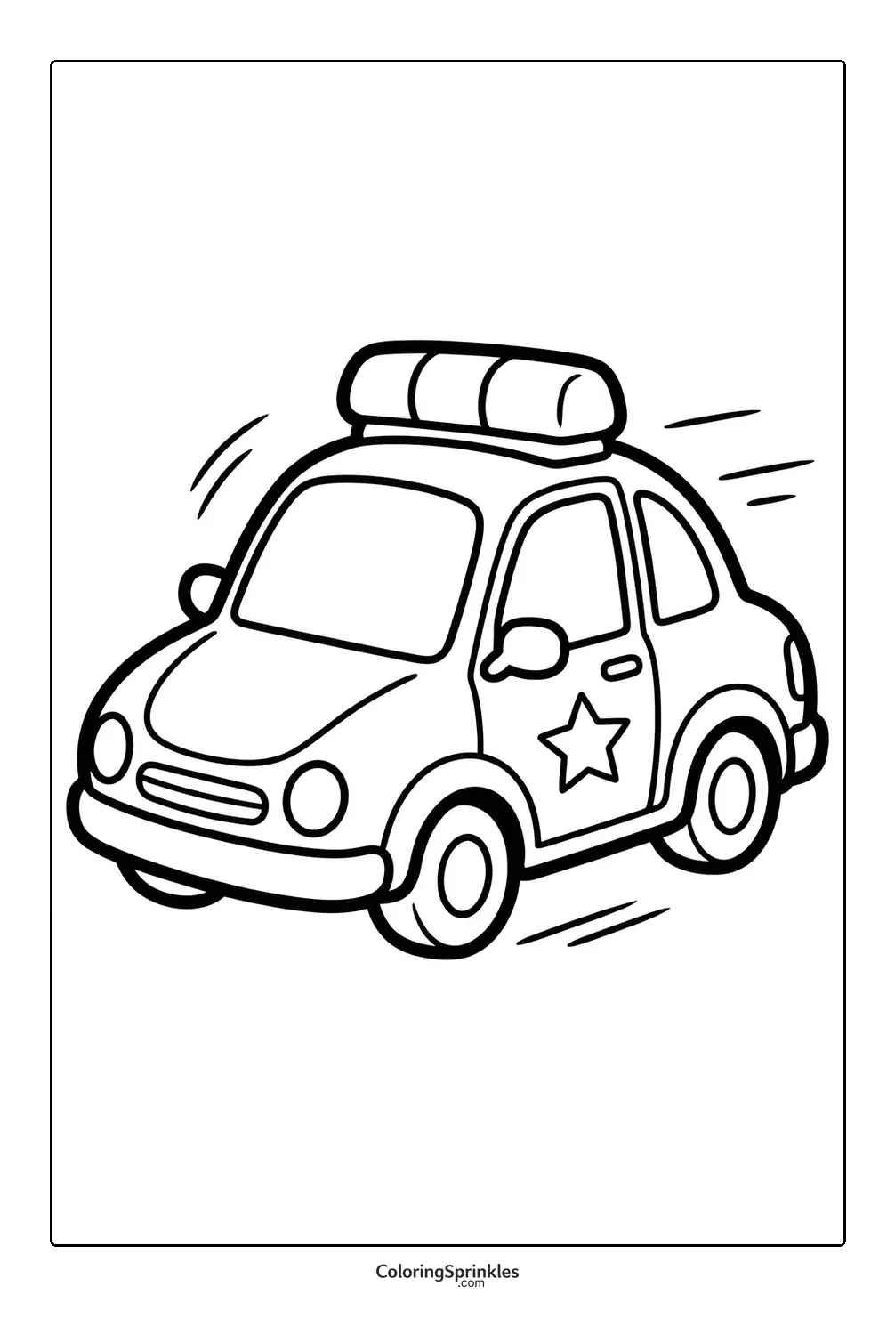 Coloring page of a police car with a star on the door and a light siren on top