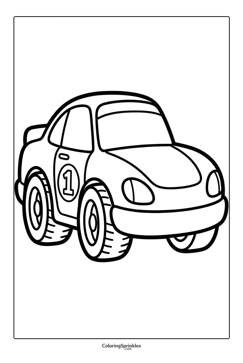 Coloring page of a race car with the number one on the door