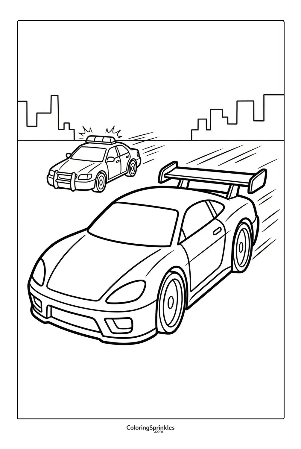 Coloring page of a race car being chased by a police car in a city