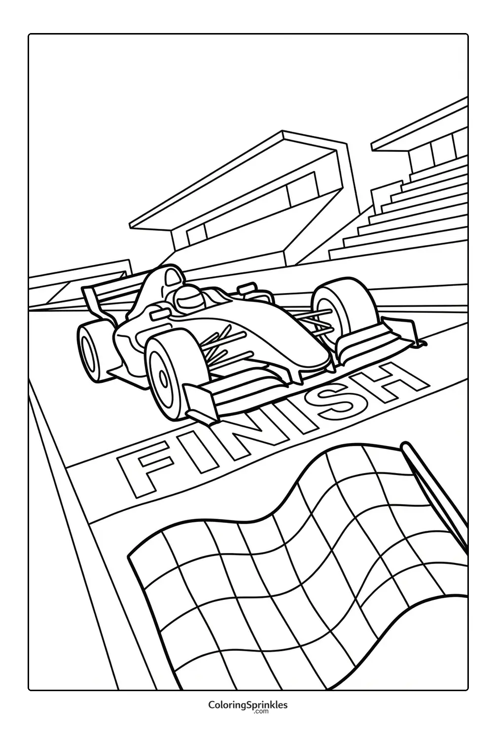 Coloring page of a racecar crossing the finish line with a checkered flag