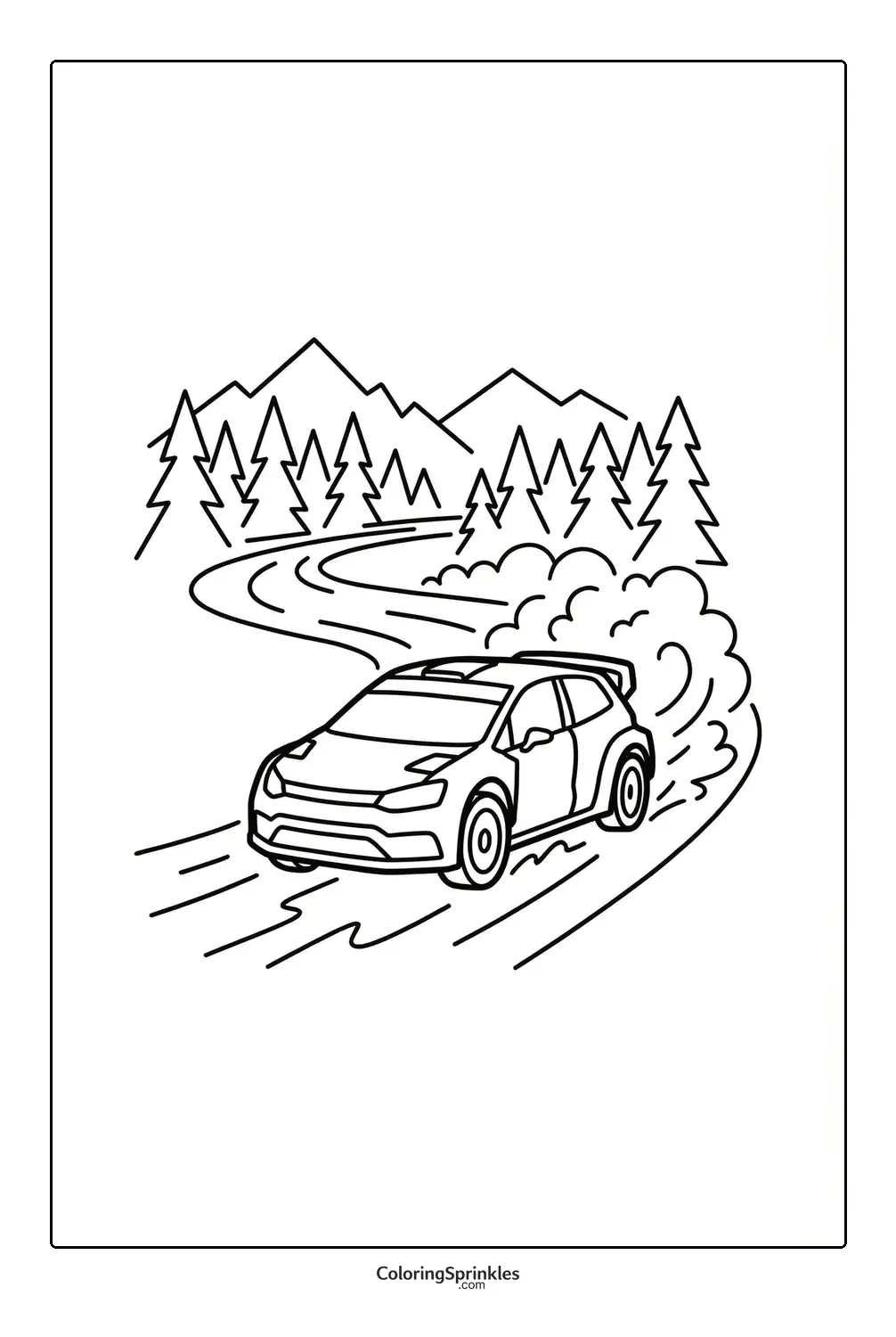 Coloring page of a rally car driving on a dirt road with mountains and trees
