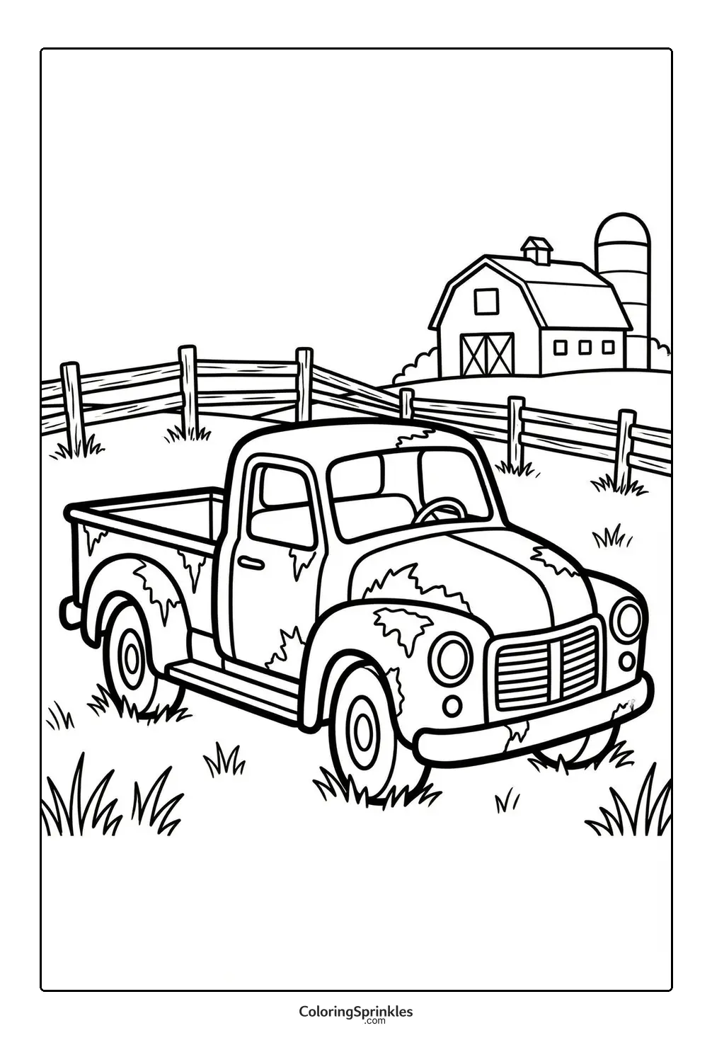 Coloring page of a rusty pickup truck on a farm with a barn and fence