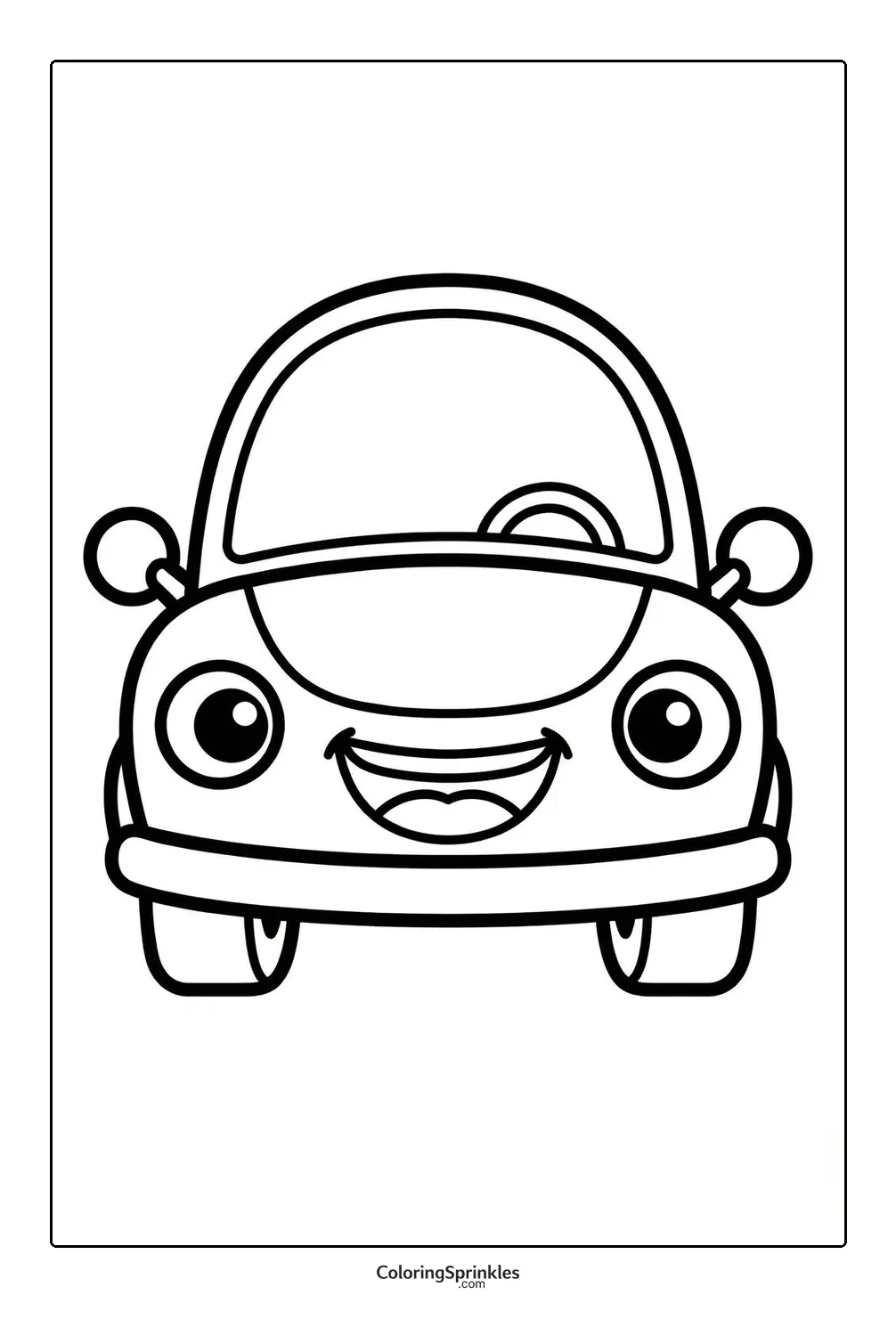 Coloring page of a smiling cartoon car front view
