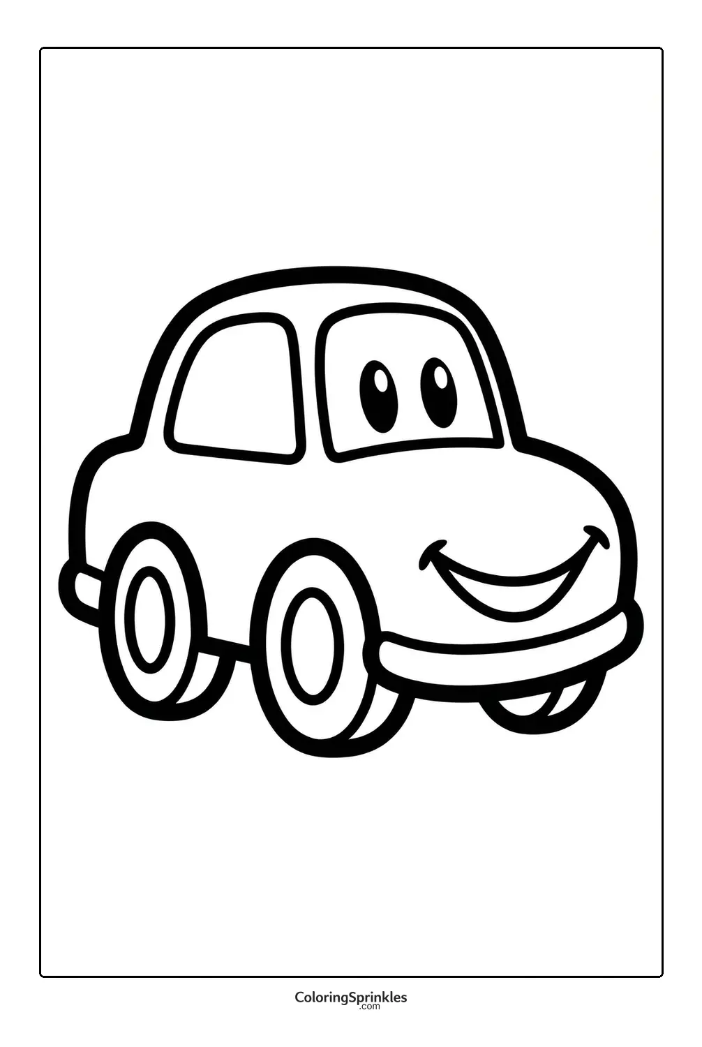 Coloring page of a smiling cartoon car