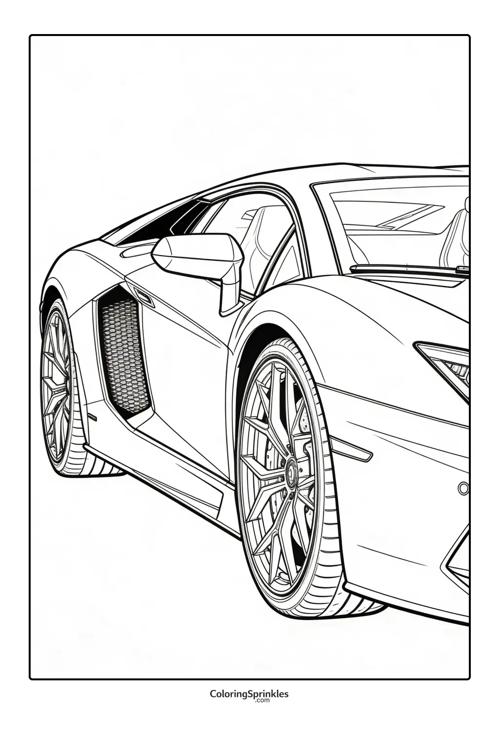 Coloring page of a sports car front side view