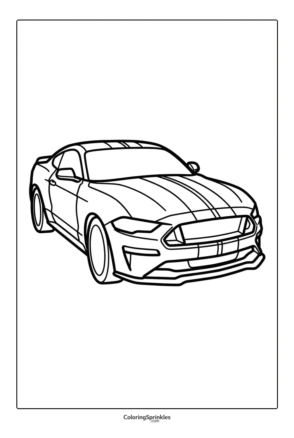 Coloring page of a sports car front view with racing stripes