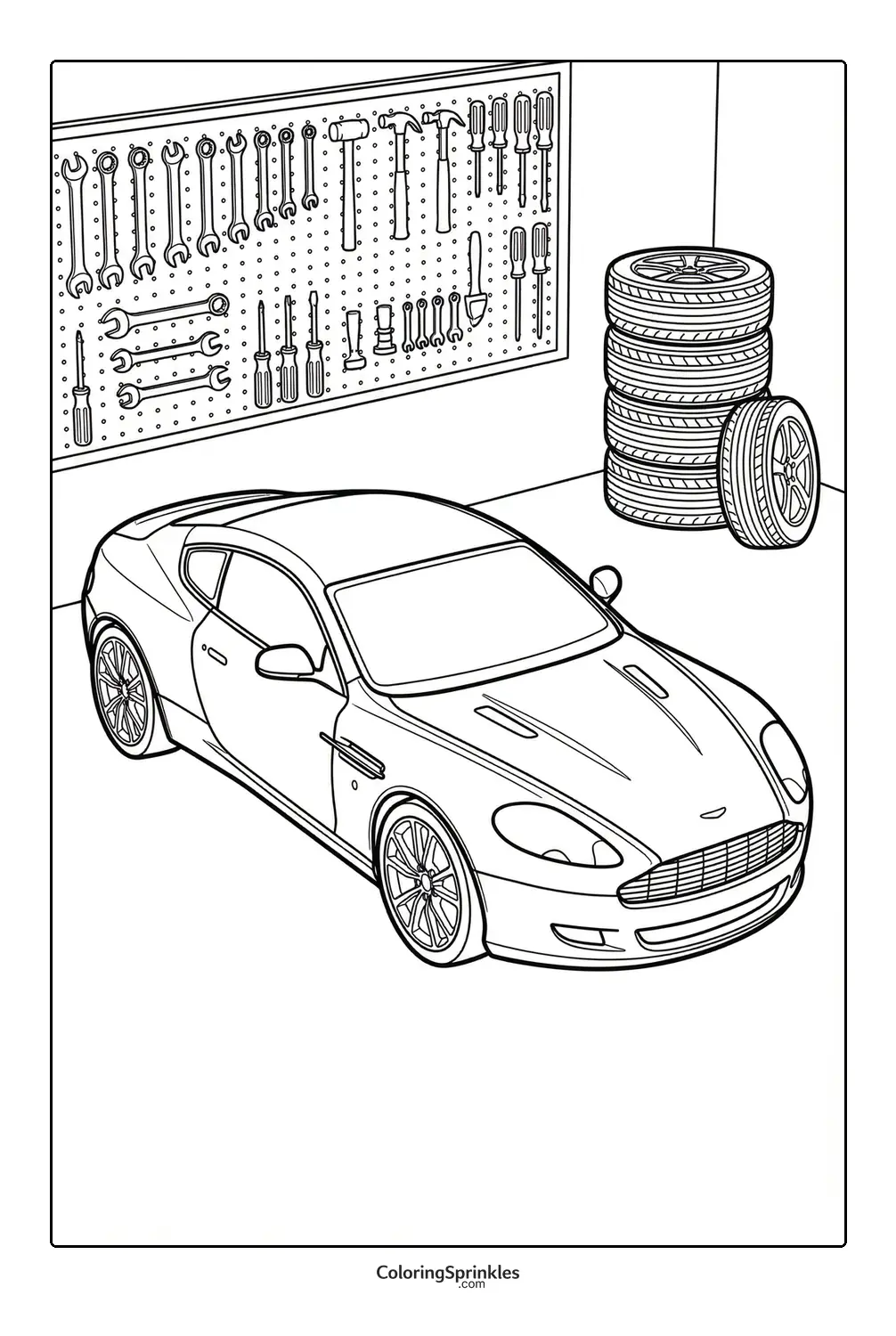 Coloring page of a sports car in a garage with tools and tires