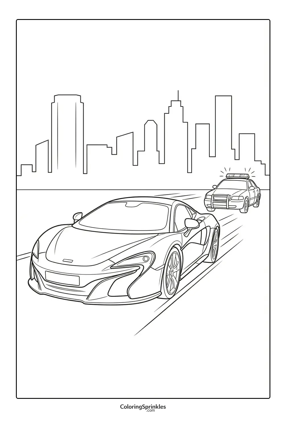 Coloring page of a sports car being chased by a police car in a cityscape