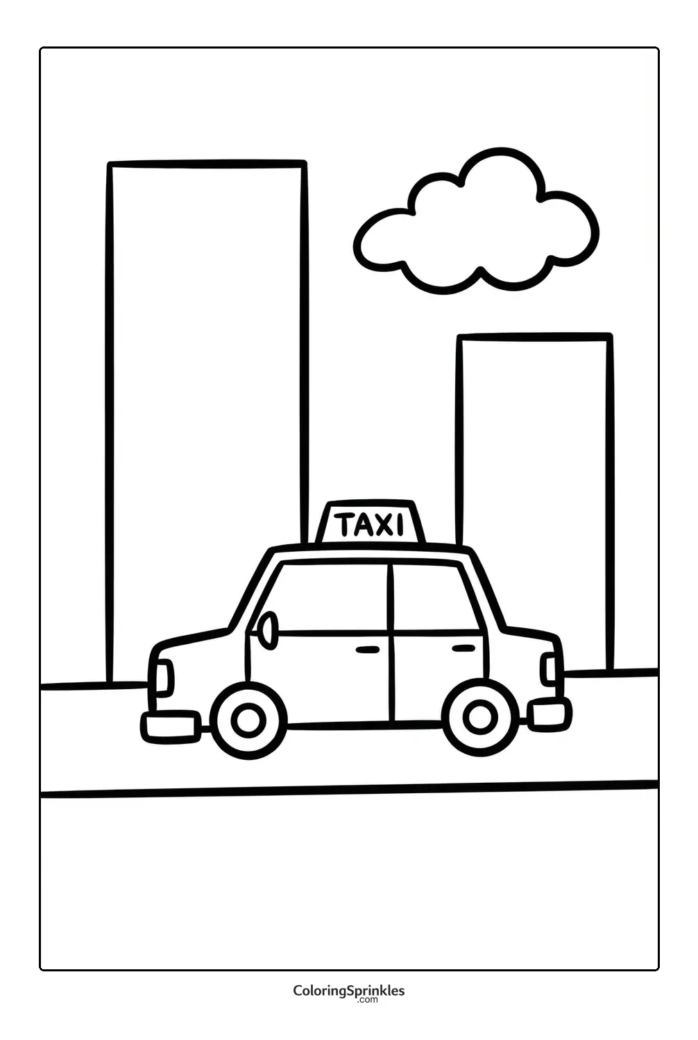 Coloring page of a taxi car driving in a city with buildings and a cloud