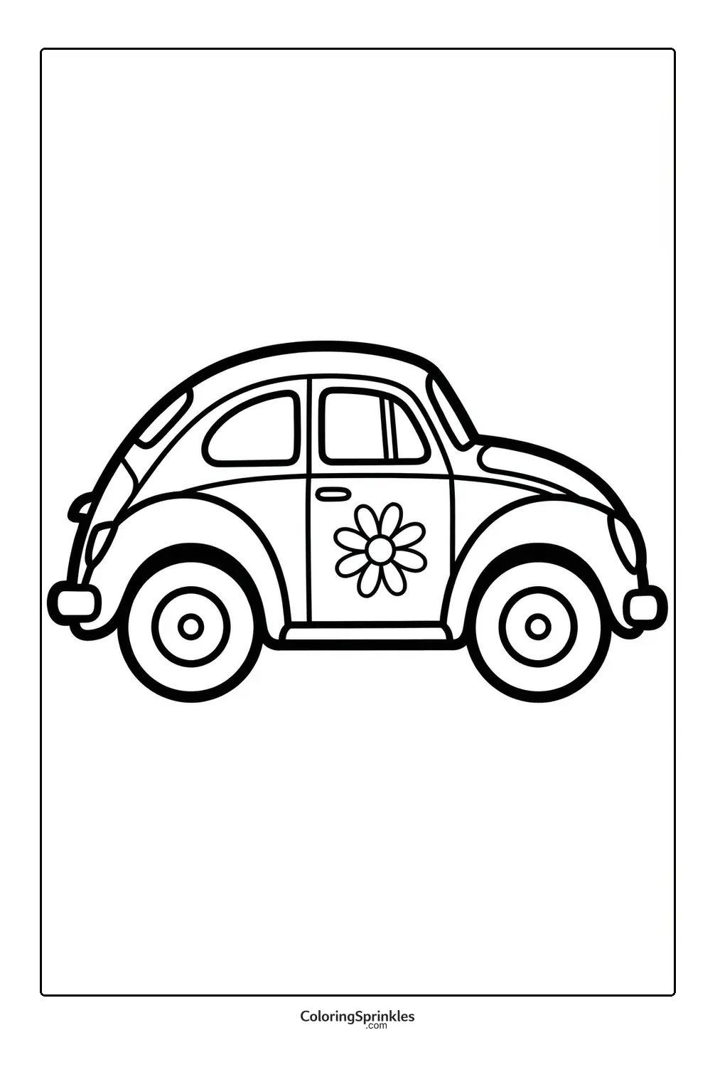 Coloring page of a vintage car with a flower design on the door