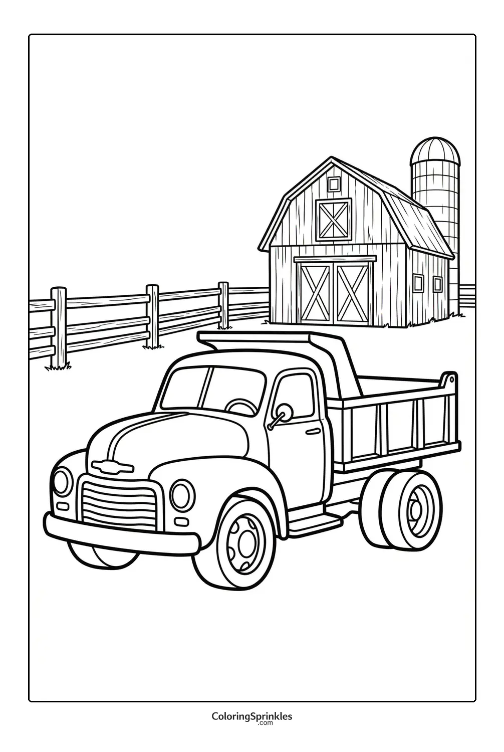 Coloring page of a dump truck near a barn and fence on a farm