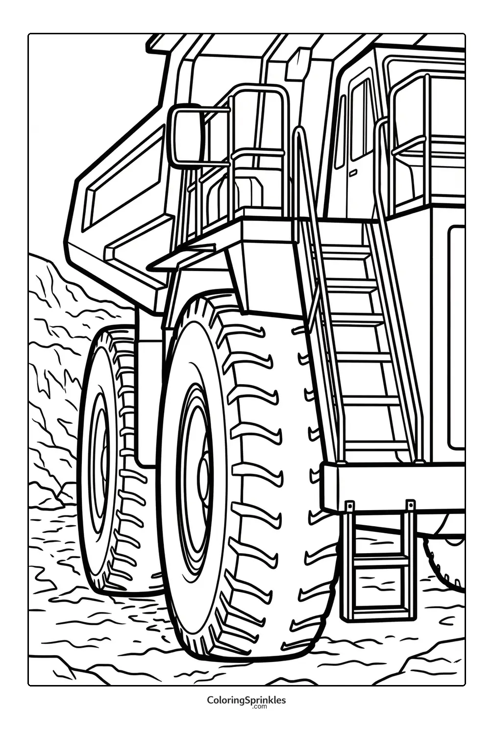 Coloring page of a large dump truck with big wheels at a mining site