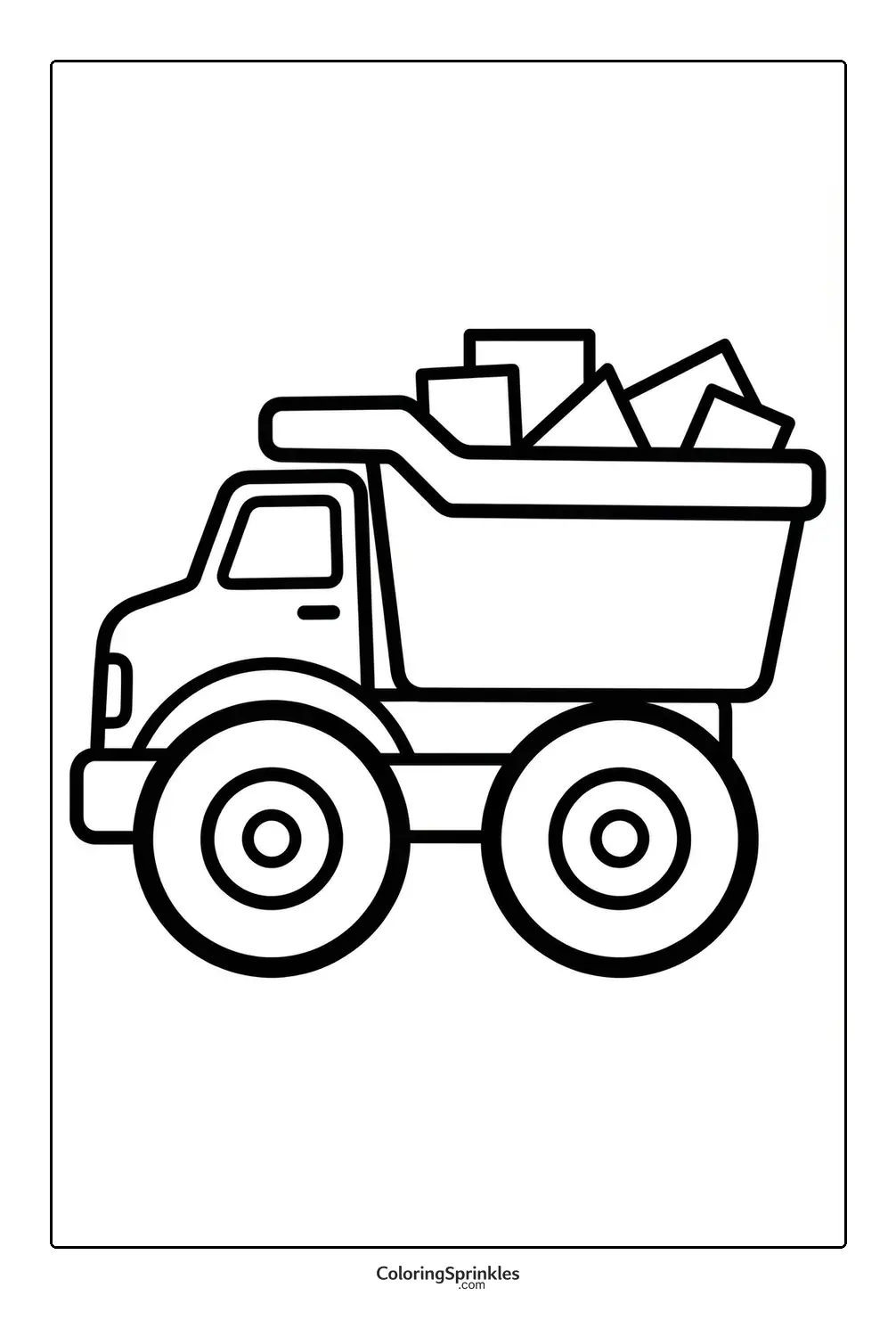 Coloring page of a dump truck carrying geometric shapes