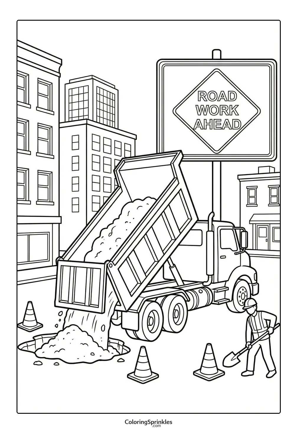 Coloring page of a dump truck unloading dirt at a road work site in a city
