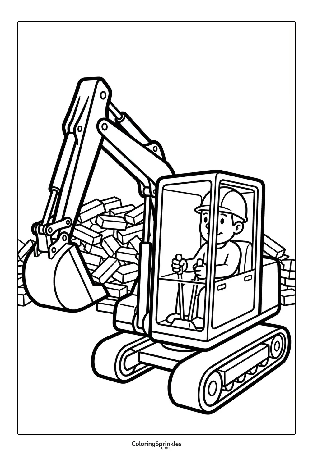 Coloring page of an excavator with an operator moving bricks