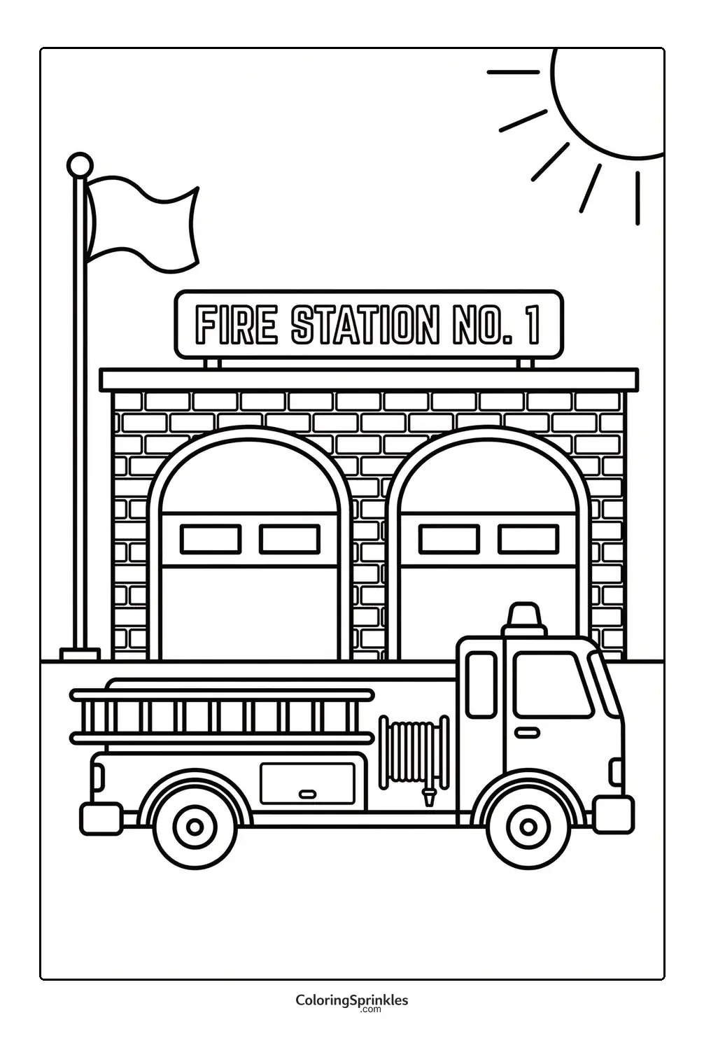 Coloring page of a fire station no 1 with a fire truck and flag