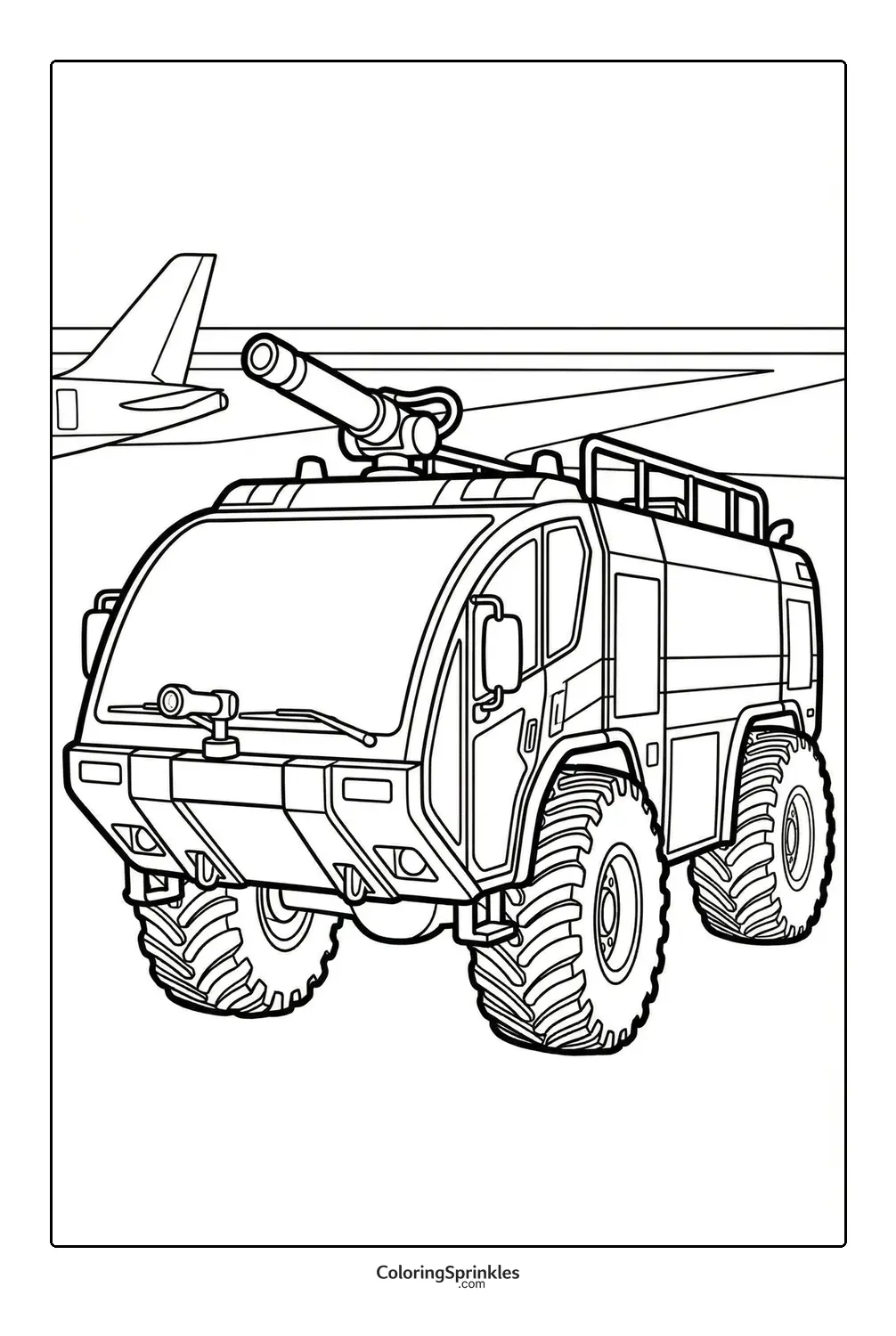 Coloring page of a fire truck at an airport with firefighting equipment
