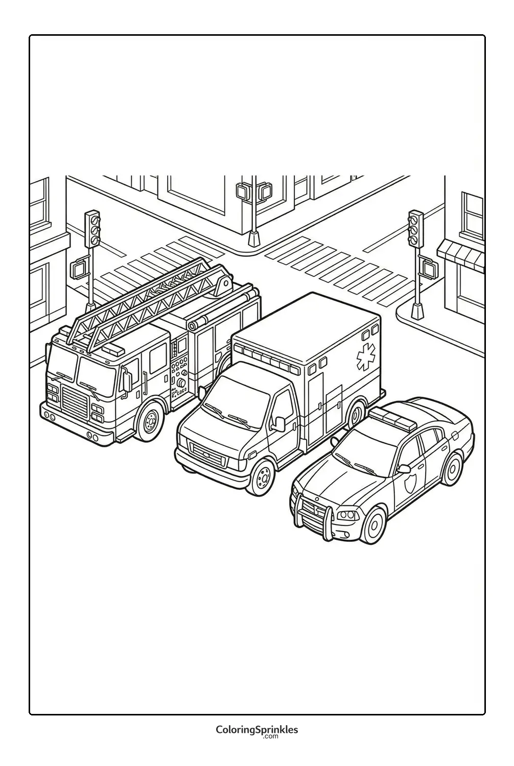 Coloring page of a fire truck, ambulance, and police car at an intersection