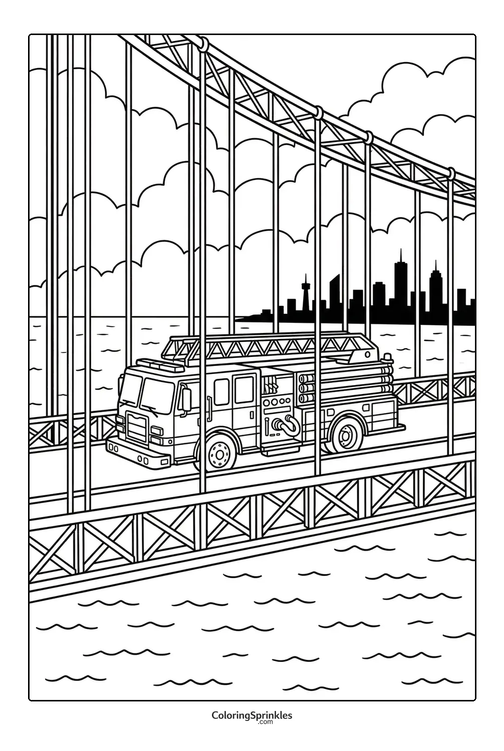 Coloring page of a fire truck driving on a bridge over water with a city skyline