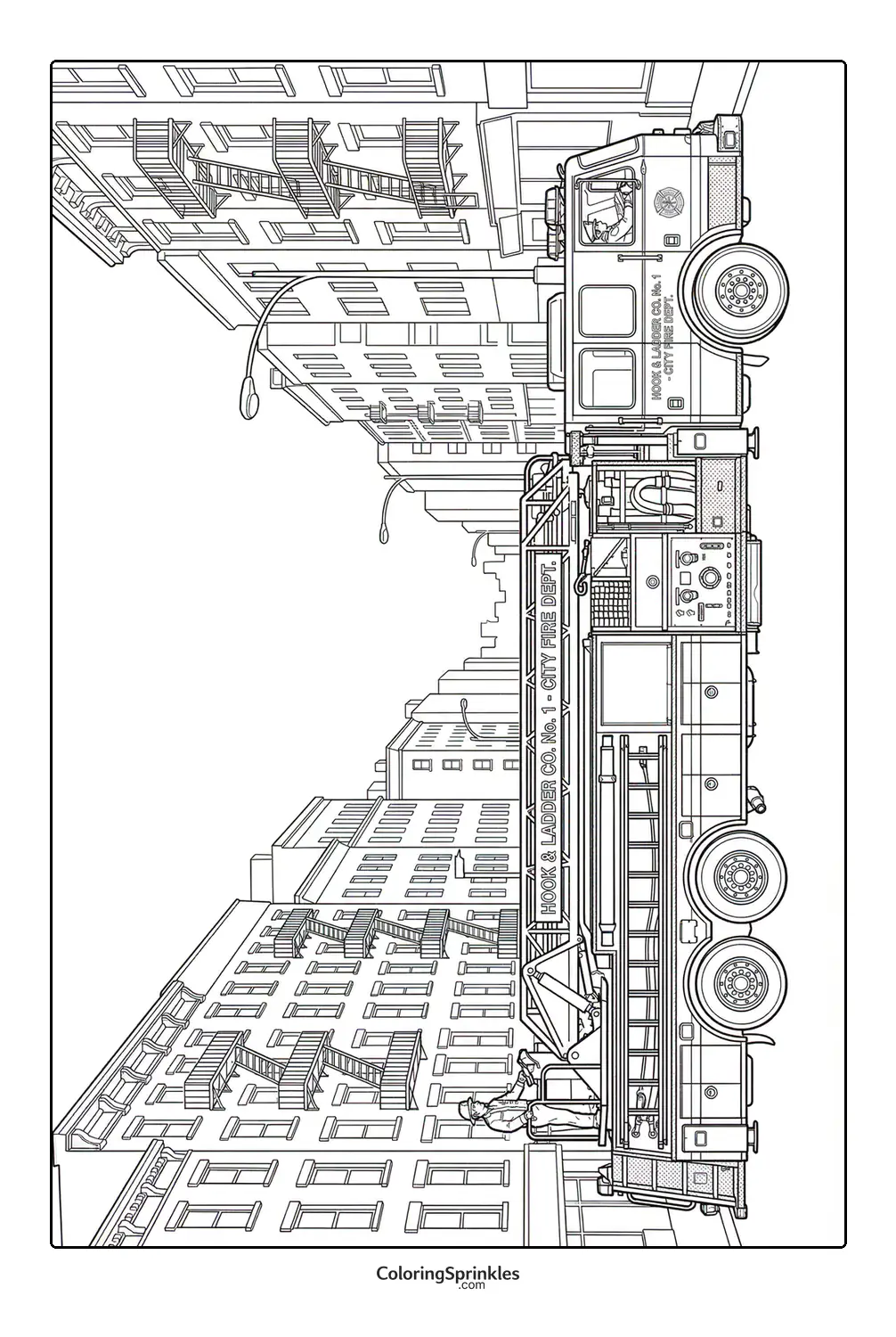 Coloring page of a fire truck with ladder and firefighter in a city street