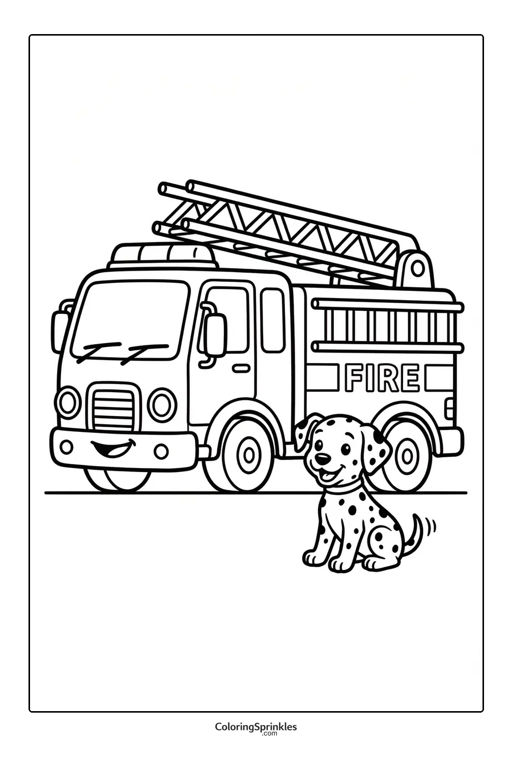 Coloring page of a smiling fire truck with a happy dalmatian dog