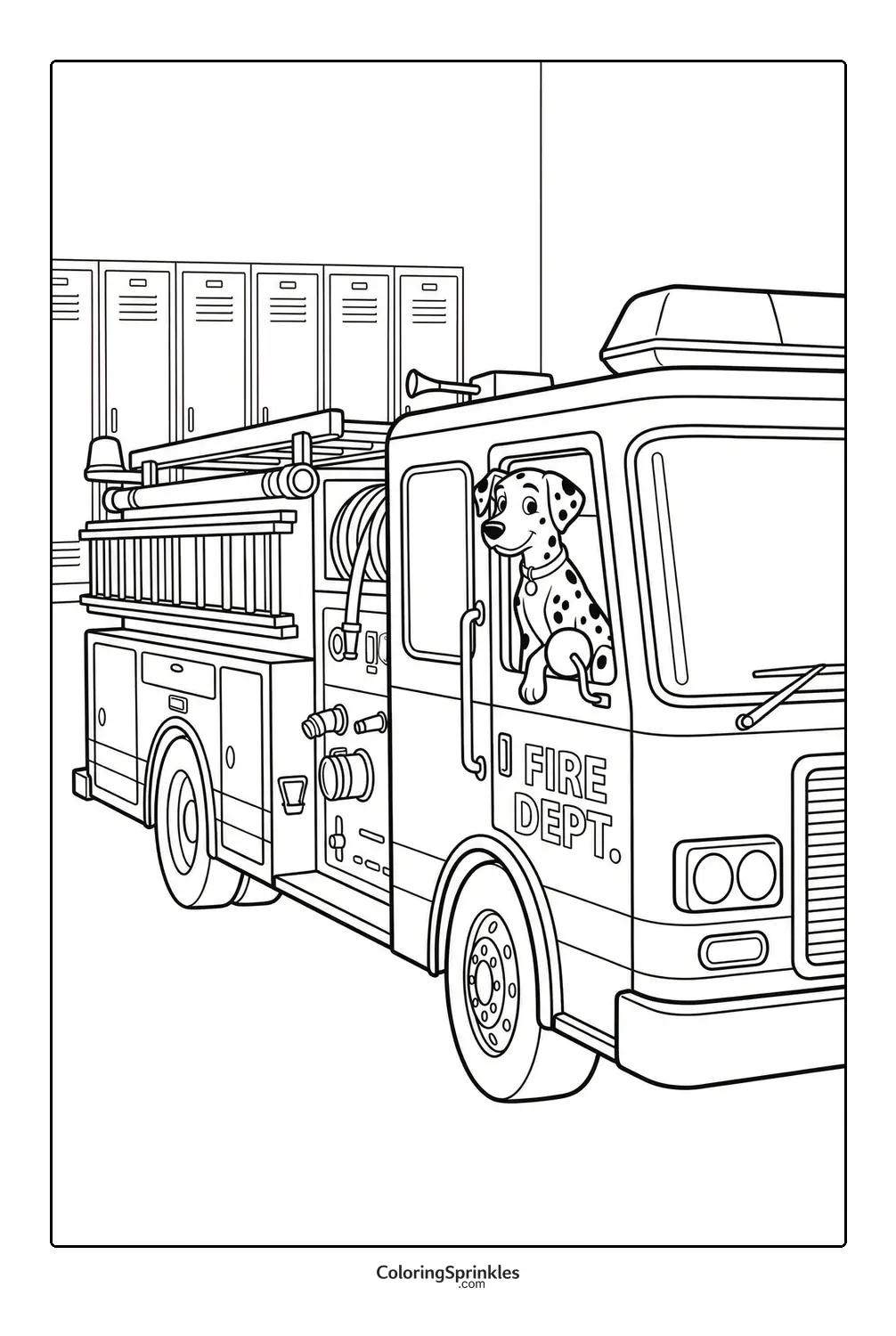 Coloring page of a fire truck with a dalmatian dog at a fire station