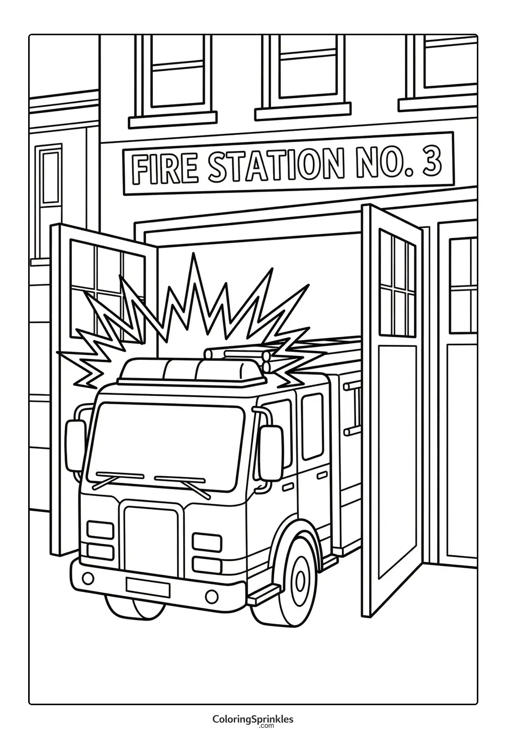 Coloring page of a fire truck exiting fire station number 3
