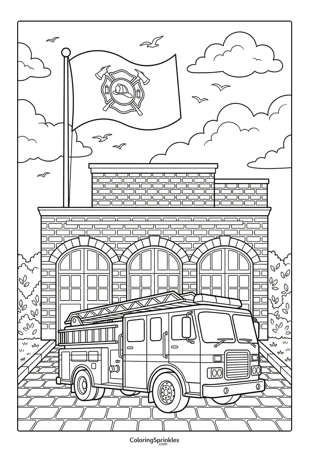 Coloring page of a fire truck parked in front of a fire station with a flag