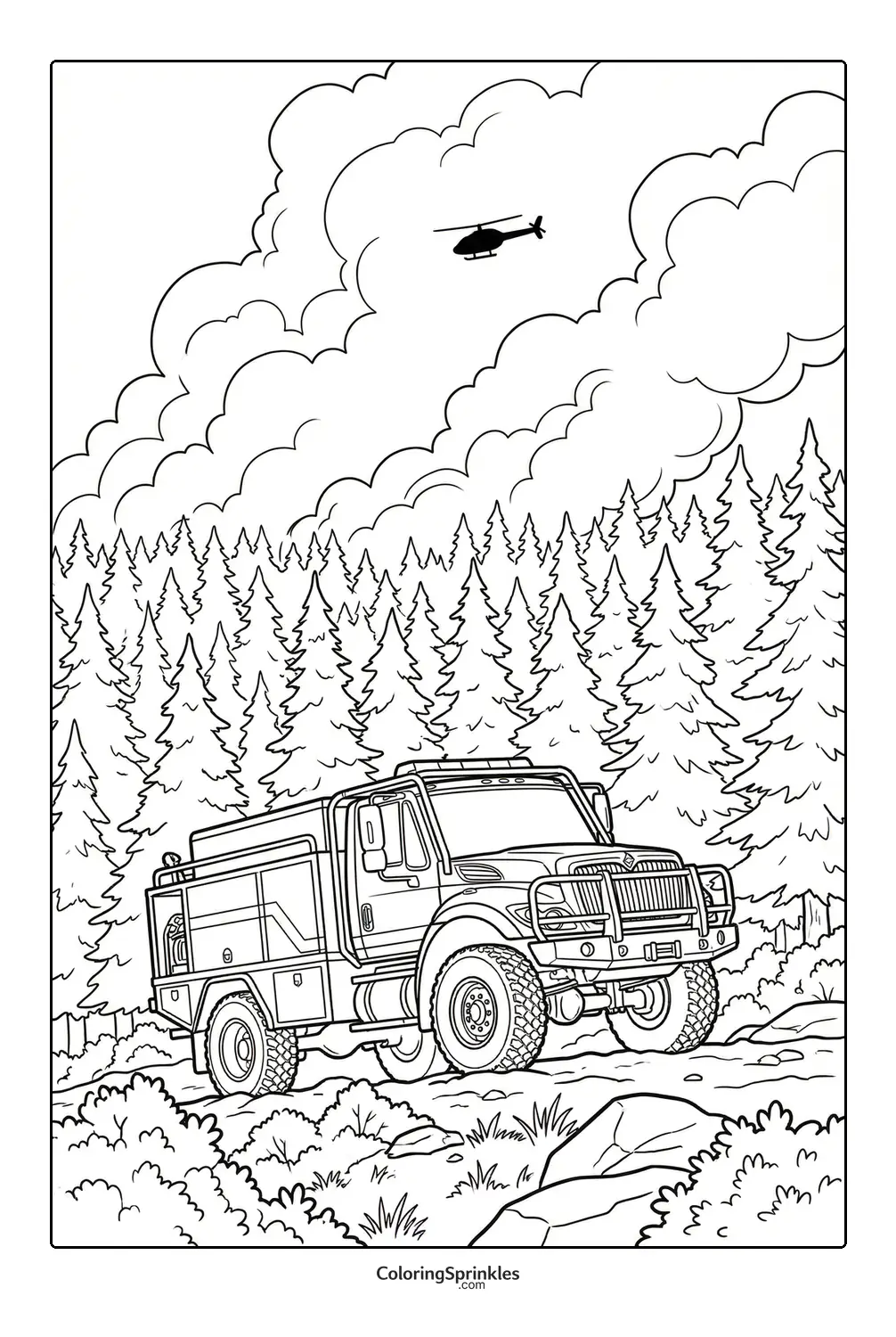 Coloring page of a fire truck in a forest with a helicopter flying above smoke