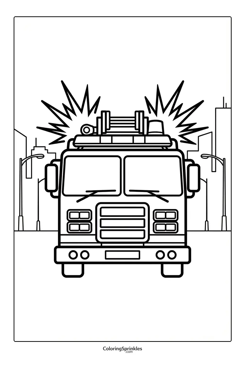 Coloring page of a fire truck front view with flashing lights in a city