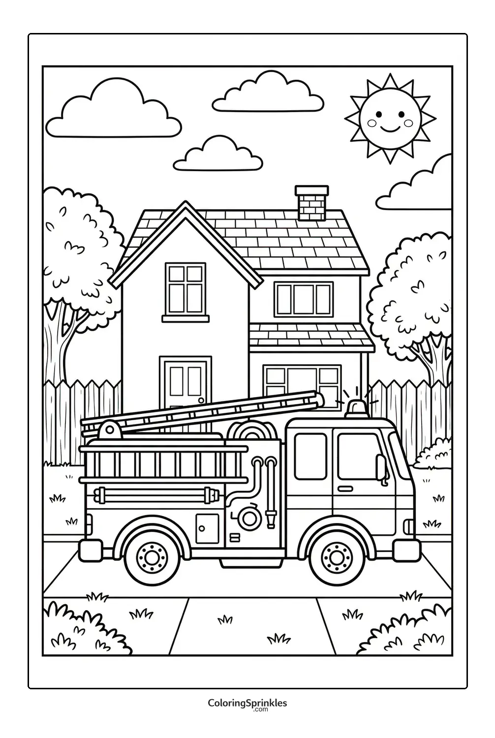 Coloring page of a fire truck parked in front of a house on a sunny day