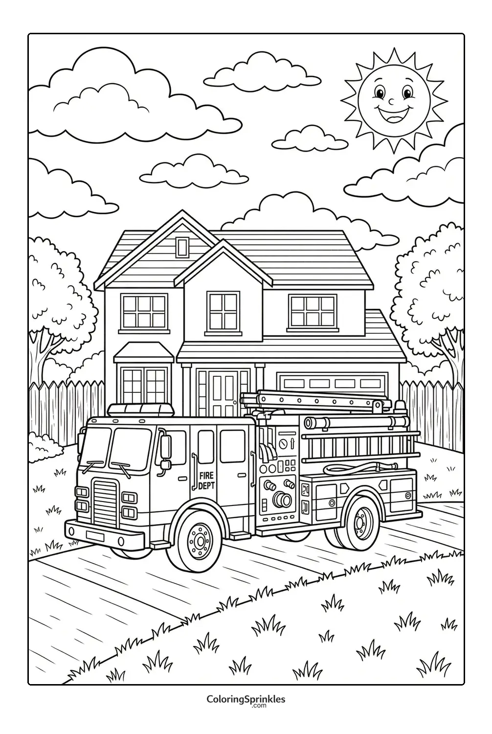 Coloring page of a fire truck parked on a driveway in front of a house with sun and clouds