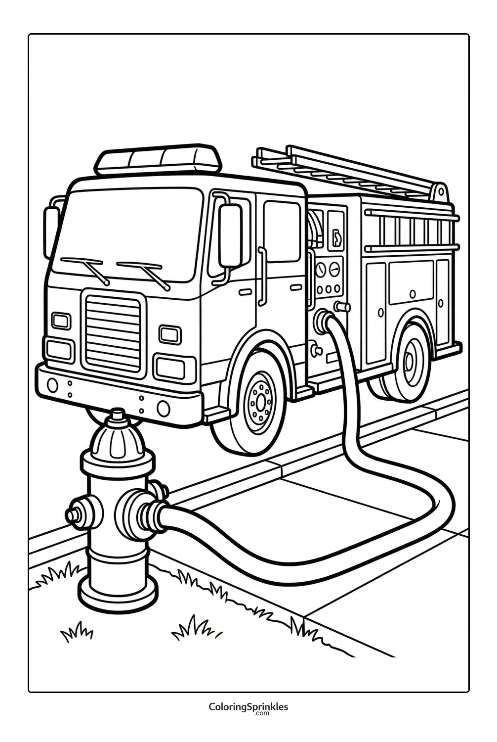 Coloring page of a fire truck connected to a fire hydrant with a hose