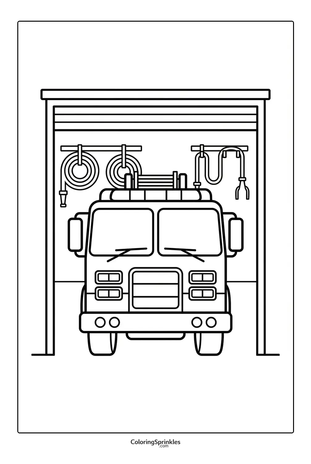 Coloring page of a fire truck parked inside a garage with hoses and equipment