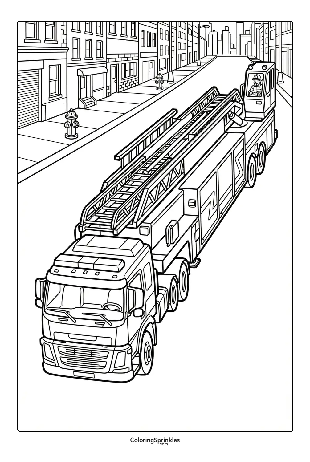 Coloring page of a fire truck with an extended ladder on a city street