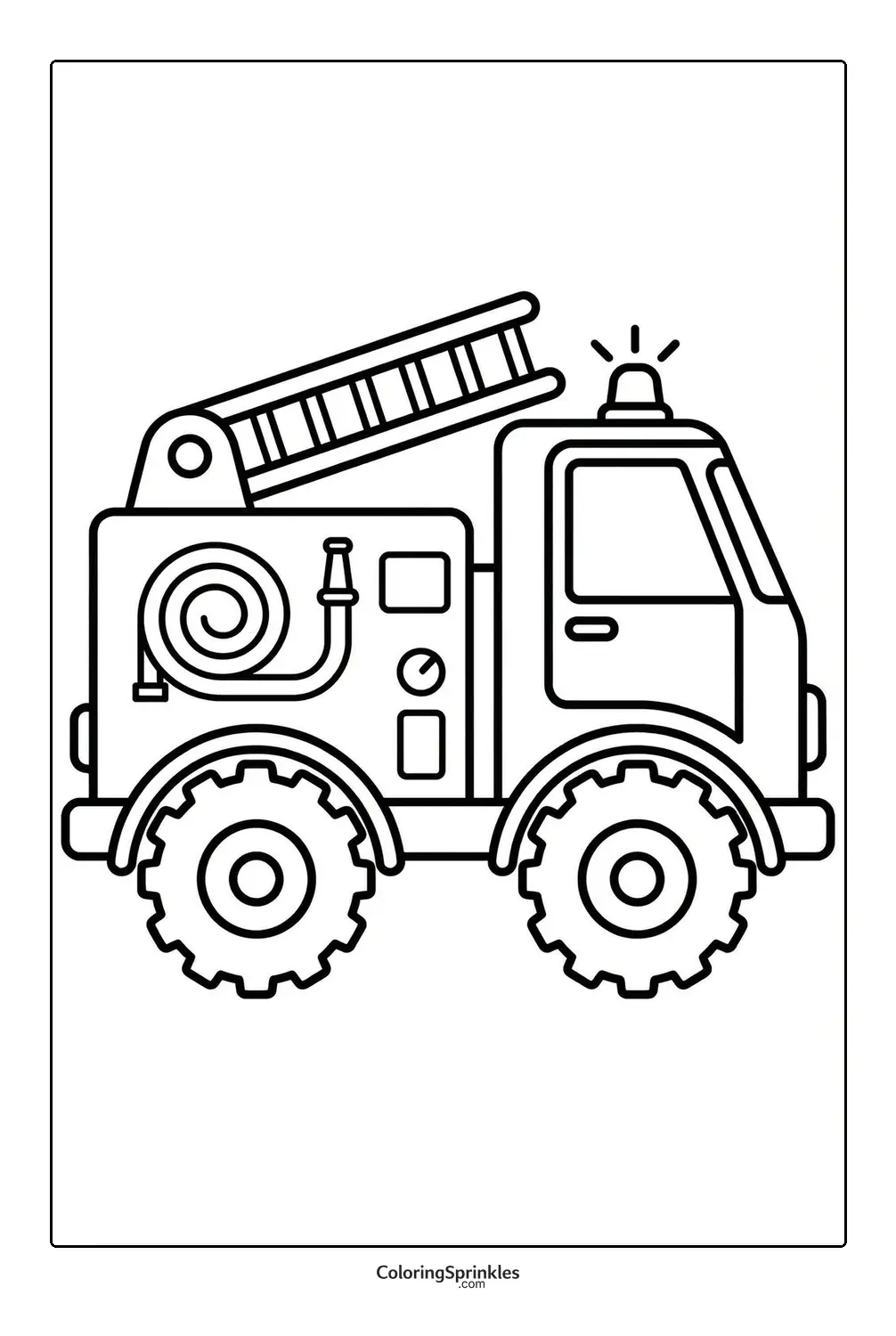 Coloring page of a fire truck with ladder and hose